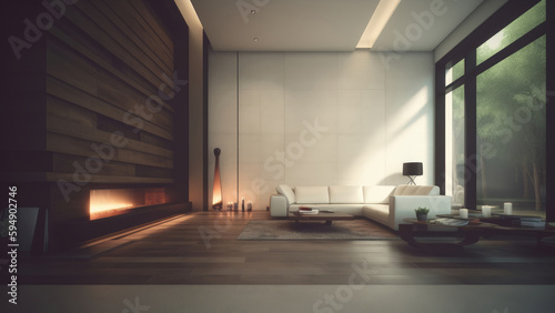 A living room with a minimalistic interior  high ceiling  fireplace  and sunlit through floor-to-ceiling windows with a forest view  photorealistic illustration  Generative AI