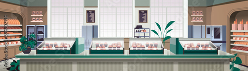 empty bakery interior shop showcase with fresh pastries sweets cakes and bread