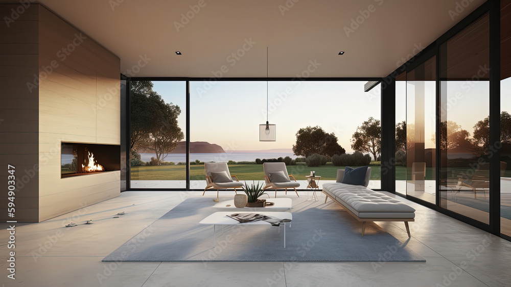 Minimalistic living room in a summer retreat vacation home with ocean view, featuring a cozy fireplace and private garden, photorealistic illustration, Generative AI - obrazy, fototapety, plakaty 