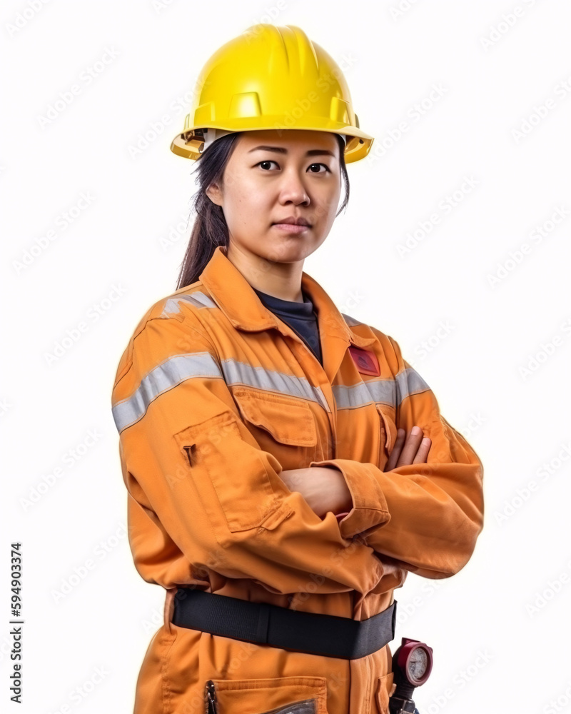 Young Female Oil Rig Worker, Construction worker, Miner, Mine Worker, Engineer on White Background Young Female Oil Rig Worker, Construction worker, Miner, Mine Worker, Engineer on White Background