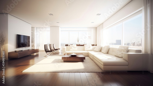 A high-rise apartment living room with stunning skyline view  white minimalistic interior  striking contrast with dark wood flooring  photorealistic illustration  Generative AI