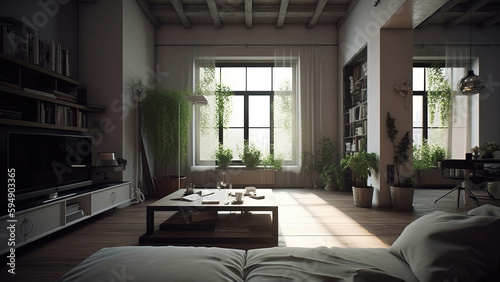 Loft-style living room with ample sunlight, large windows, lush greenery, and bookshelves filled with books, photorealistic illustration, Generative AI