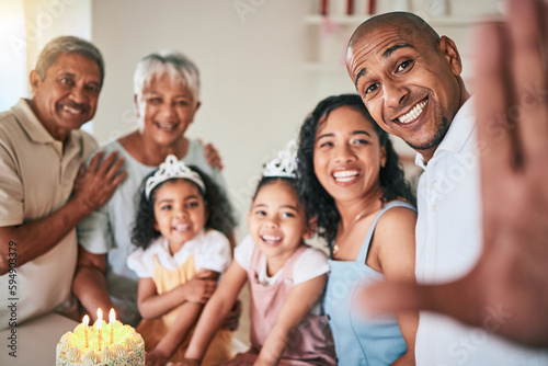 Birthday  selfie and big family in living room with cake  happy and excited for celebration at home. Portrait  smile and grandparents  kids and parents at party  pose and together for profile picture