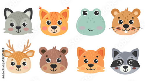 Forest animals set. Cute faces. Cute animal portraits. Hand drawn characters. Vector illustration.