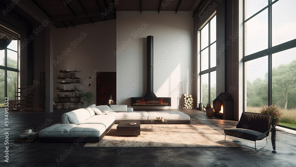 A spacious, sunlit open-plan living room with a high ceiling, large windows, a cozy fireplace, and minimalistic white walls and furniture, photorealistic illustration, Generative AI A spacious, sunlit open-plan living room with a high ceiling, large windows, a cozy fireplace, and minimalistic white walls and furniture, photorealistic illustration, Generative AI