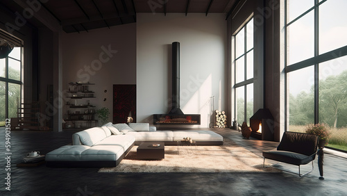 A spacious  sunlit open-plan living room with a high ceiling  large windows  a cozy fireplace  and minimalistic white walls and furniture  photorealistic illustration  Generative AI