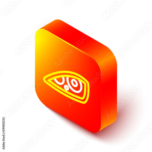 Isometric line Car headlight icon isolated on white background. Orange square button. Vector