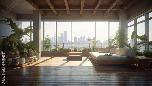A sunlit living room with a city skyline view, surrounded by floor-to-ceiling glass windows and adorned with lots of plants in a high-rise building, photorealistic illustration, Generative AI