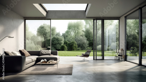 A minimalistic concrete interior living room with surrounding glass windows and skylight  overlooking a private summer garden  photorealistic illustration  Generative AI