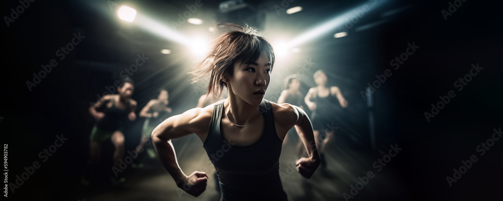 Promote women's health and fitness with this dynamic stock photo of a skilled woman leading an aerobic dance class in cool light tone. generative AI