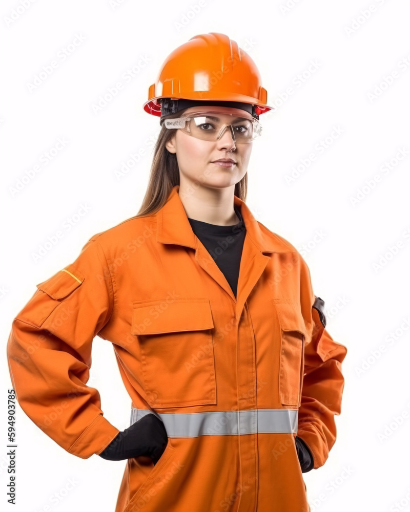 Young Female Oil Rig Worker, Construction worker, Miner, Mine Worker, Engineer on White Background Young Female Oil Rig Worker, Construction worker, Miner, Mine Worker, Engineer on White Background