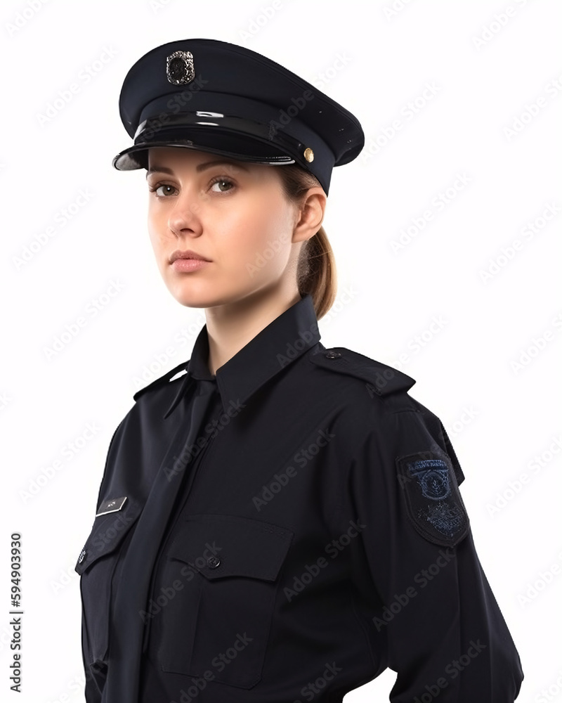 Young Female Police Officer in Uniform Standing on White Background Young Female Police Officer in Uniform Standing on White Background