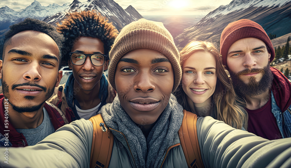 Friends taking a selfie on a mountain hike during the winter. Generative AI Friends taking a selfie on a mountain hike during the winter. Generative AI