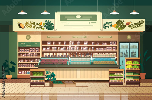 grocery supermarket with products shelves retail consumerism concept modern store interior