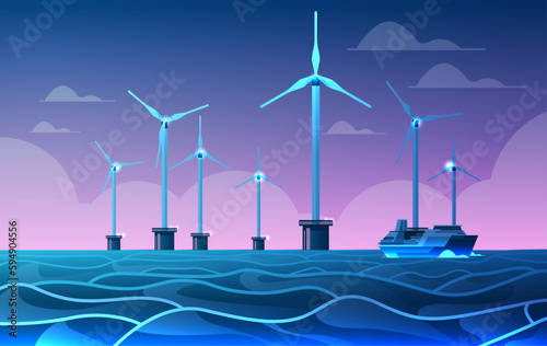 offshore wind farm with turbines and ship in sea or ocean renewable water station energy production alternative power generation