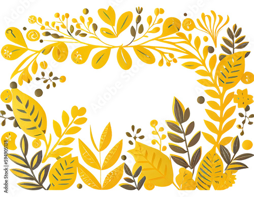 Folk art style yellow leaves frame border. Generative AI