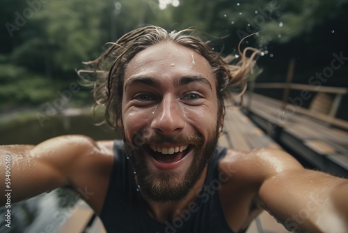 A Man With A Beard And A Beard Standing On A Bridge Natural Hot Springs Travel Photography Influencer Marketing Generative AI