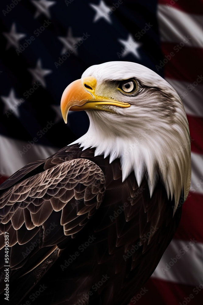 Obraz premium Bald Eagle with USA Flag in the background. Generative AI