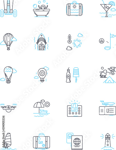Exploration linear icons set. Adventure, Discovery, Mapping, Expedition, Pier, Quest, Safari line vector and concept signs. Trekking,Journey,Surveying outline illustrations