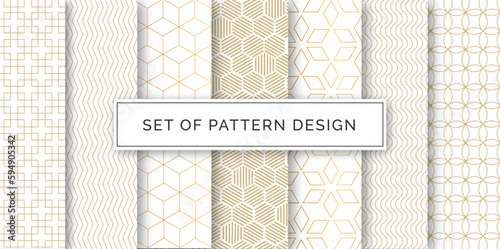 Collection of seamless ornamental vector patterns and swatches. White and golden line texture geometric oriental backgrounds.