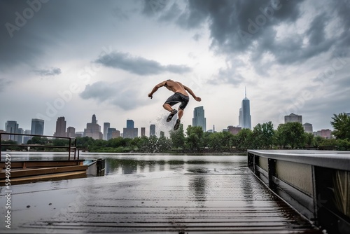 A Man Flying Through The Air While Riding A Skateboard On A Ramp Dam Time-lapse Photography Sports Photography Generative AI