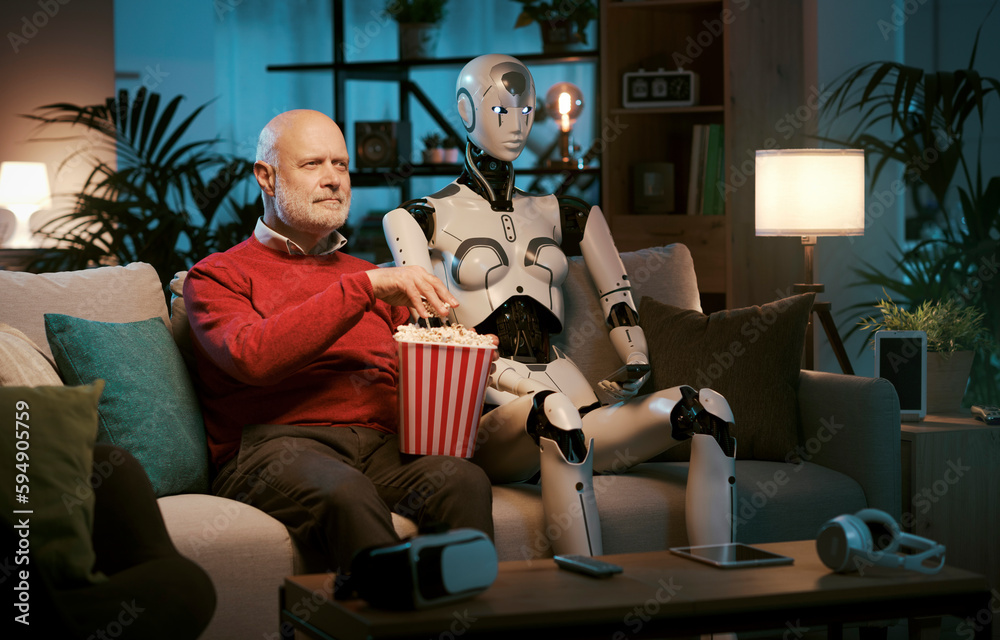 Senior man and female AI robot watching movies together at home Senior man and female AI robot watching movies together at home