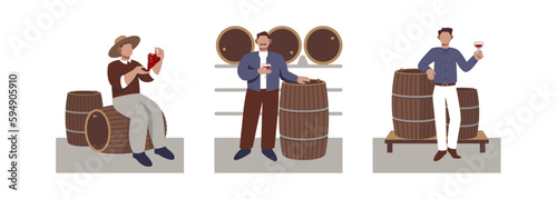 Set of cartoon characters of young men dealing with wine production