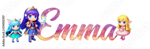 Emma - pink and yellow color - girl name - little fairy and flowers - great for website, email, greeting, banner, postcard, card, logo, engraving, slide, tag, book, t-shirt, sweatshirt

