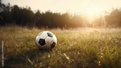 Soccer football sitting on a grass field at sunset, shallow depth of field, Illustrative Generative AI © henjon