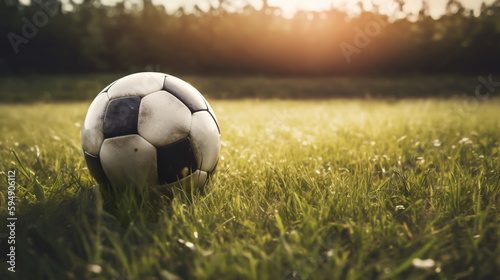 Soccer football sitting on a grass field at sunset, shallow depth of field, Illustrative Generative AI © henjon
