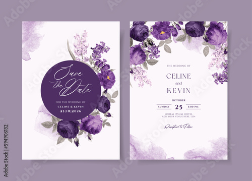 Watercolor wedding invitation template set with romantic purple floral and leaves decoration