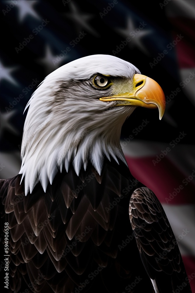 Obraz premium Bald Eagle with USA Flag in the background. Generative AI