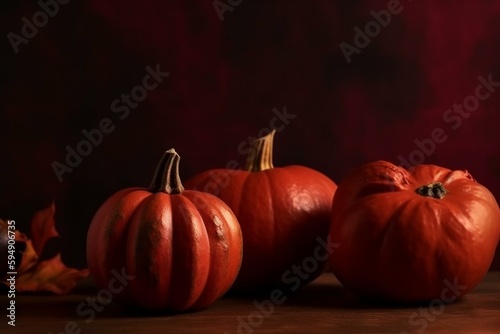 Seasonal background Banner with copy-space. Trio of Pumpkins on Deep Red color. Autumn Concept. Generative AI