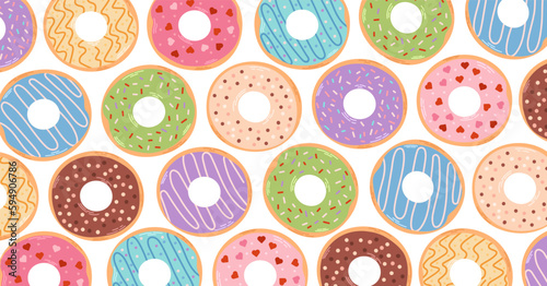Horizontal background with colorful donuts. Various types of donuts in glaze and chocolate, elements for design of cafe, menu, promo banner. Flat vector cartoon illustration.