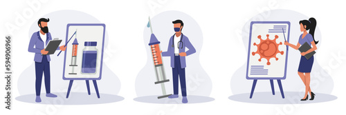 Set of cartoon characters of people engaged in inventing vaccines