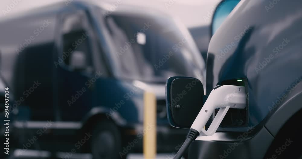CU shot of fleet modern electric EV delivery vans are being charged in company parking garage