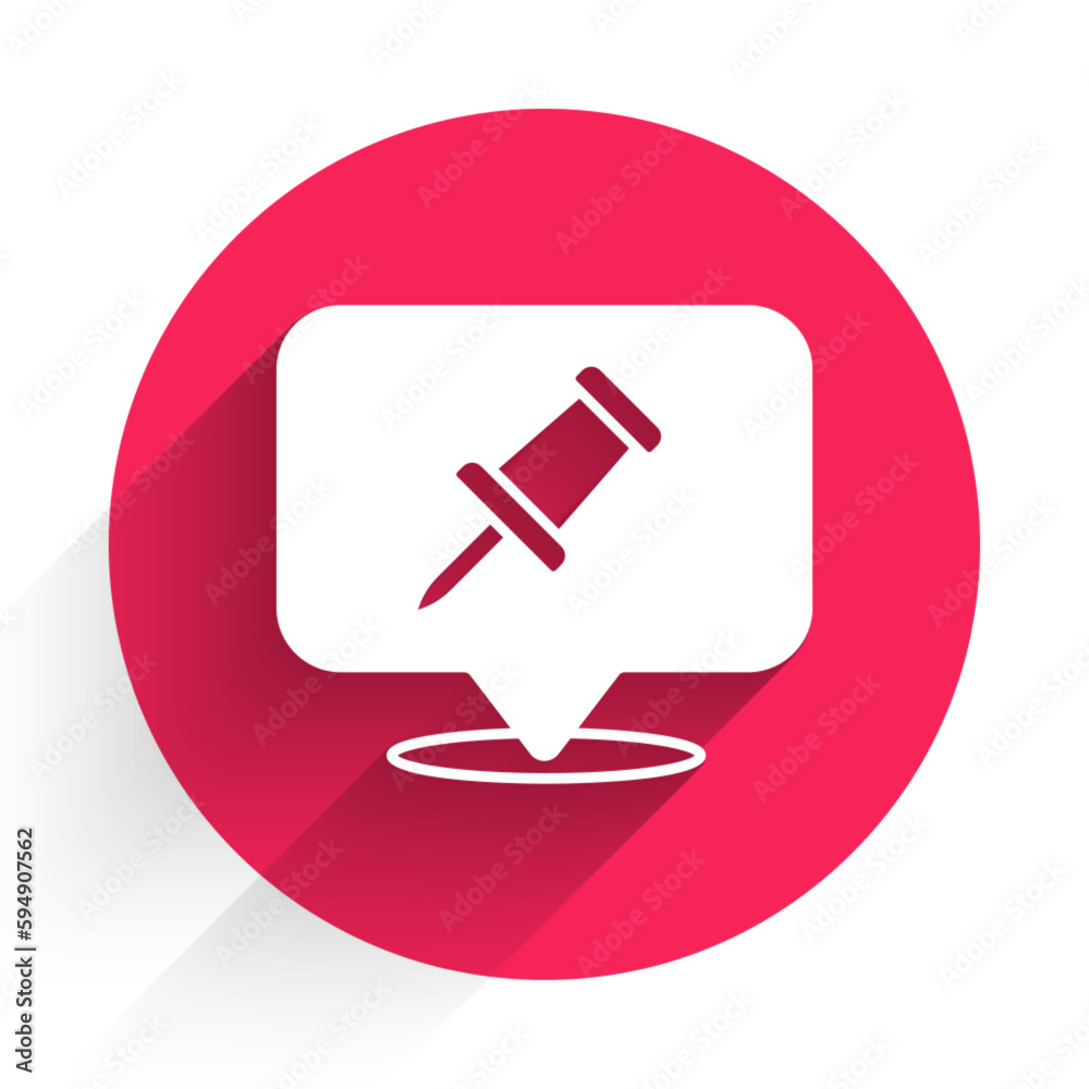 White Push pin icon isolated with long shadow background. Thumbtacks sign. Red circle button. Vector White Push pin icon isolated with long shadow background. Thumbtacks sign. Red circle button. Vector
