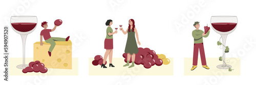 Set of cartoon characters of young people tasting organic wine