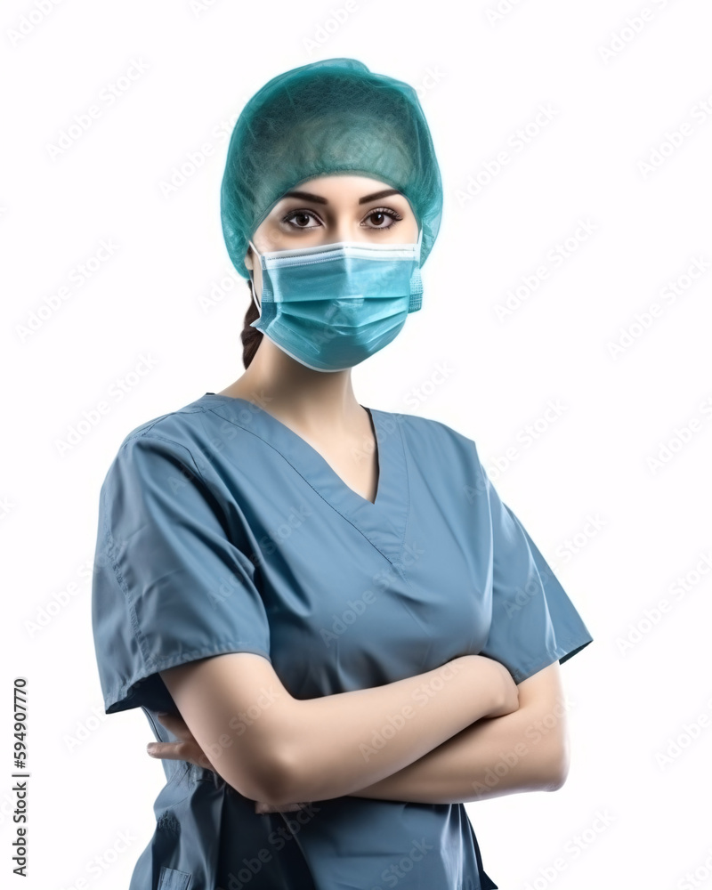 Female Surgeon Wearing Scrubs and Protective Gear in Sterile Environment on White Background Female Surgeon Wearing Scrubs and Protective Gear in Sterile Environment on White Background