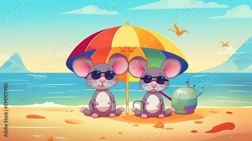 comic or cartoon of mice on the beach, generative ai © carballo