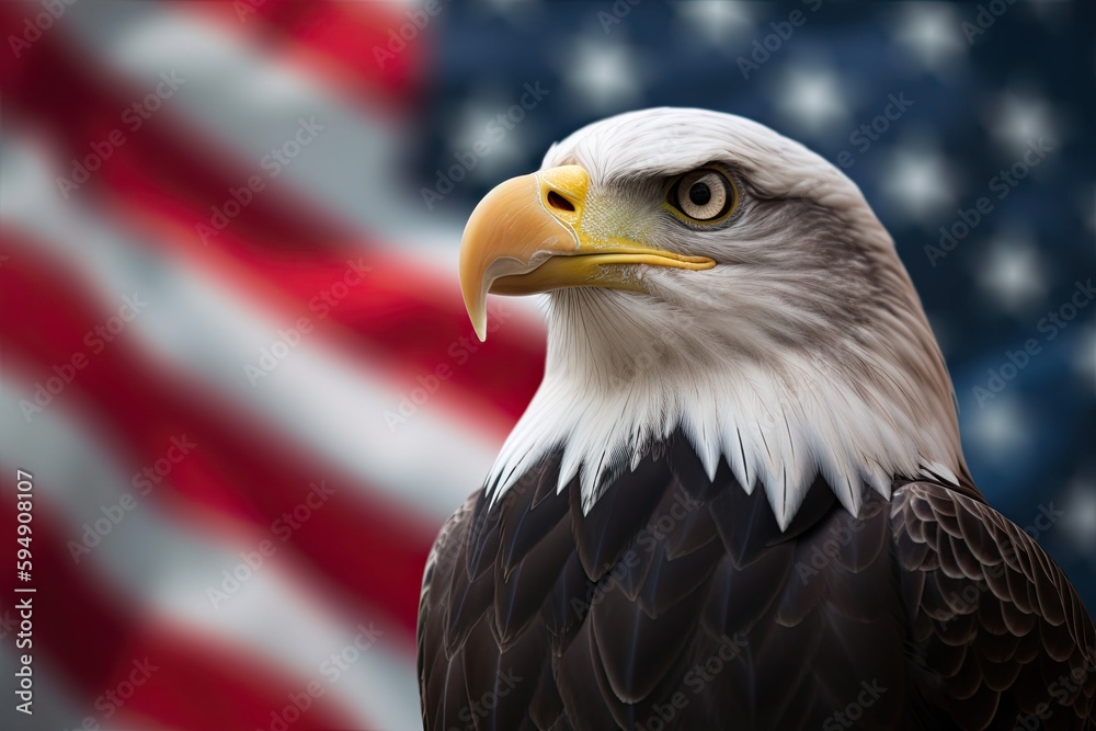Bald Eagle with USA Flag in the background. Generative AI Bald Eagle with USA Flag in the background. Generative AI