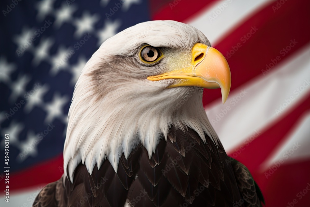 Naklejka premium Bald Eagle with USA Flag in the background. Generative AI