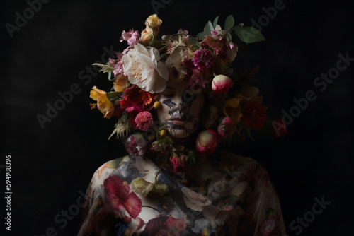 fashion portrait of a woman model surrounded by colorful group of flowers, dark light mood, dreamy style, generative ai illustration