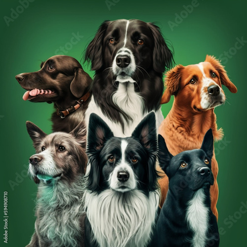 Dogs of different breeds on a green background. Generative AI. © DALU11