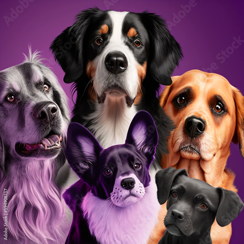 Dogs of different breeds on a purple background. Generative AI. © DALU11