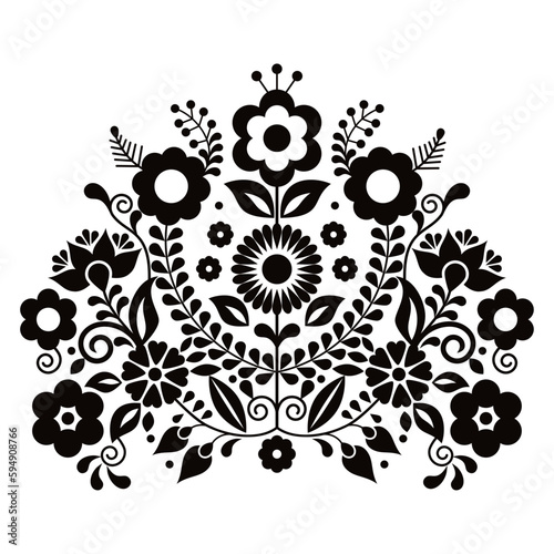 Mexican traditional embroidery style vector floral bouquet design, oattern inspired by folk art from Mexico in black and white