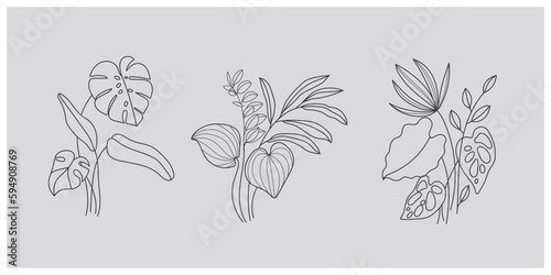 minimal botanical summer graphic sketch line art drawing, trendy tiny tattoo design, leaf elements vector illustration
