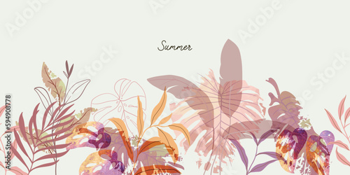 summer background watercolor arrangements with leaves. Botanical illustration minimal style.