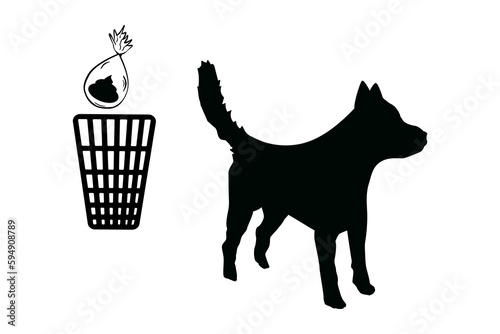 Dog waste garbage bin,disposal plastic bag with pet poop and dog silhouette on white background.Trash container for dog mess.Bag and refuse box for dog pooh.Clean up after your pet.Vector illustration