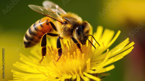 A close-up of a bee collecting pollen from a yellow flower (Generative AI)